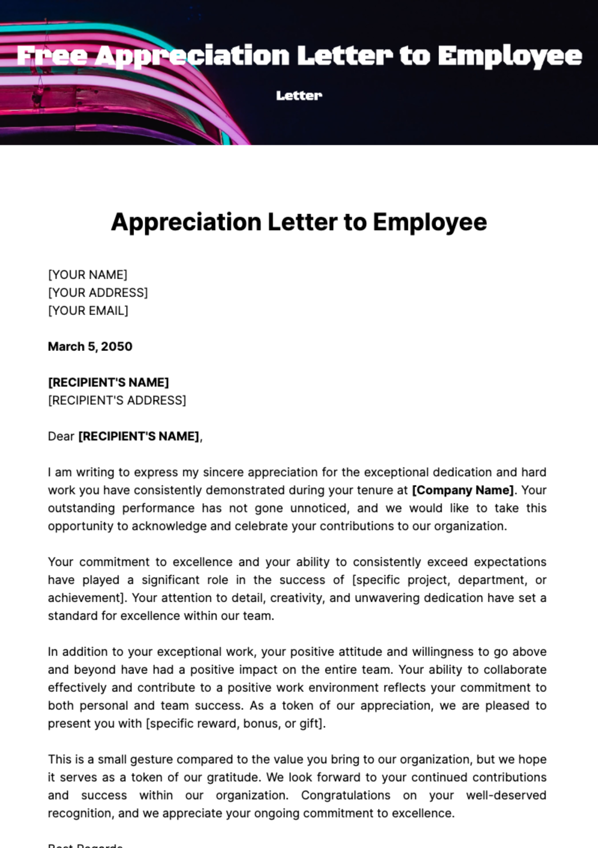 Free Appreciation Letter to Employee Template