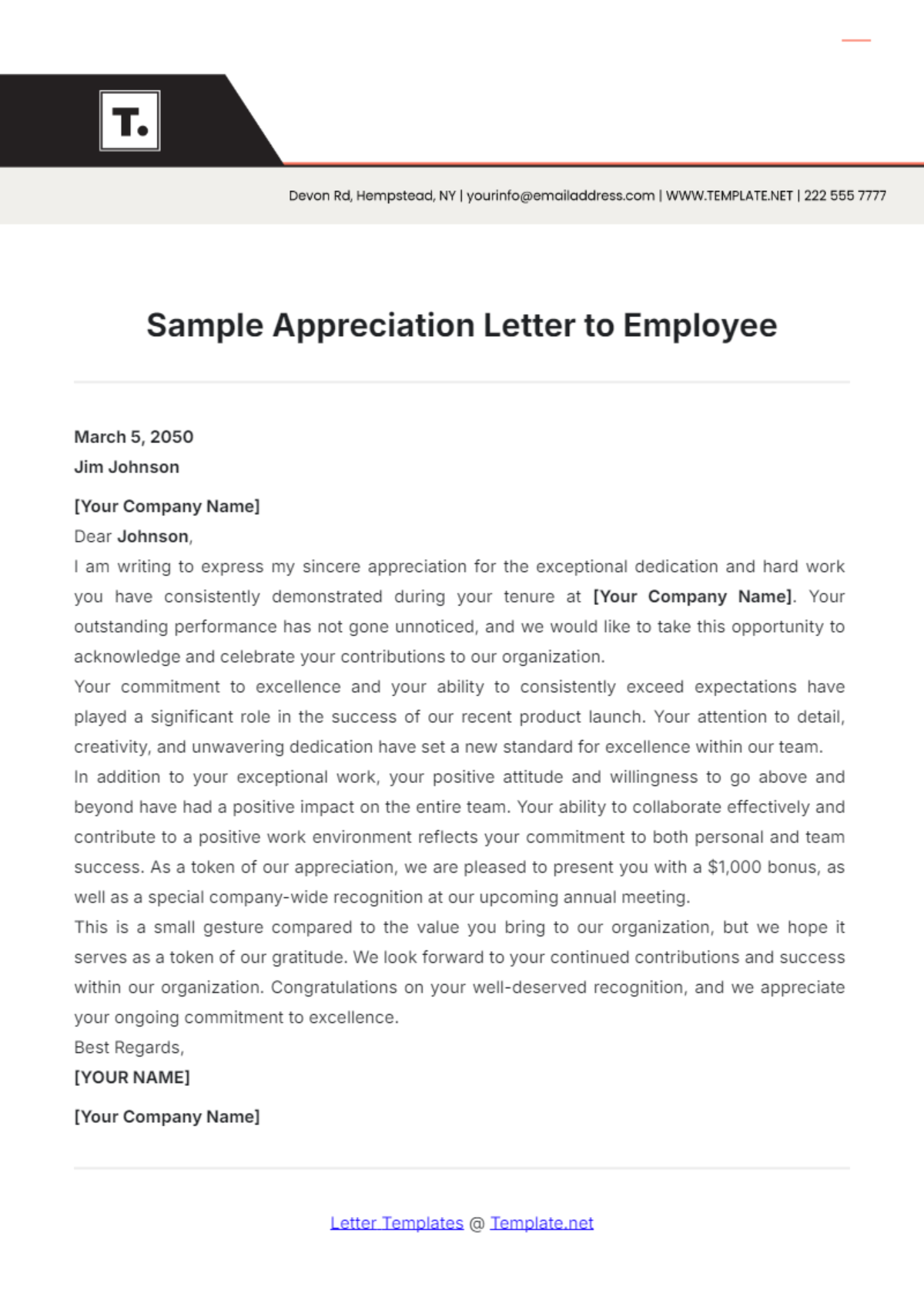 Sample Appreciation Letter to Employee Template - Edit Online & Download