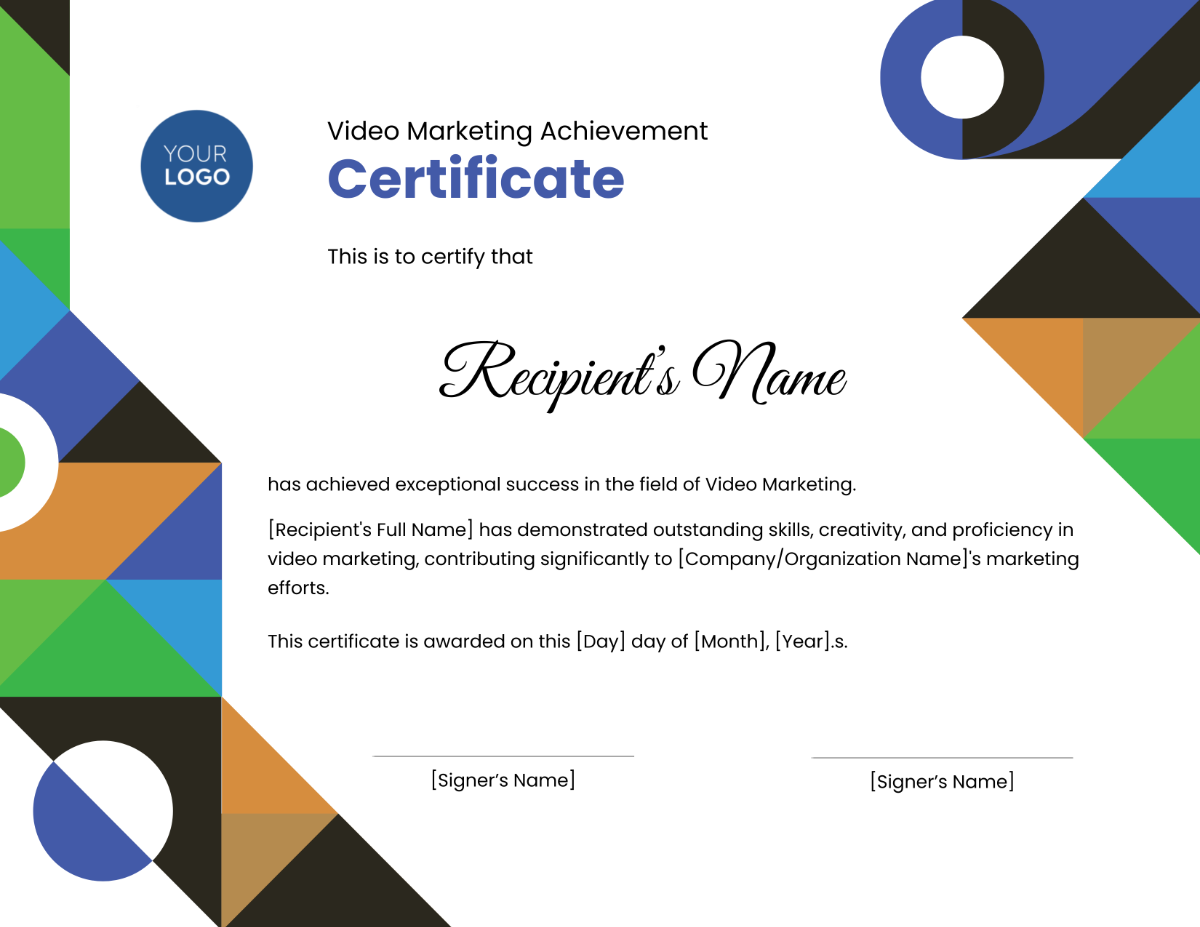 Video Marketing Achievement Certificate