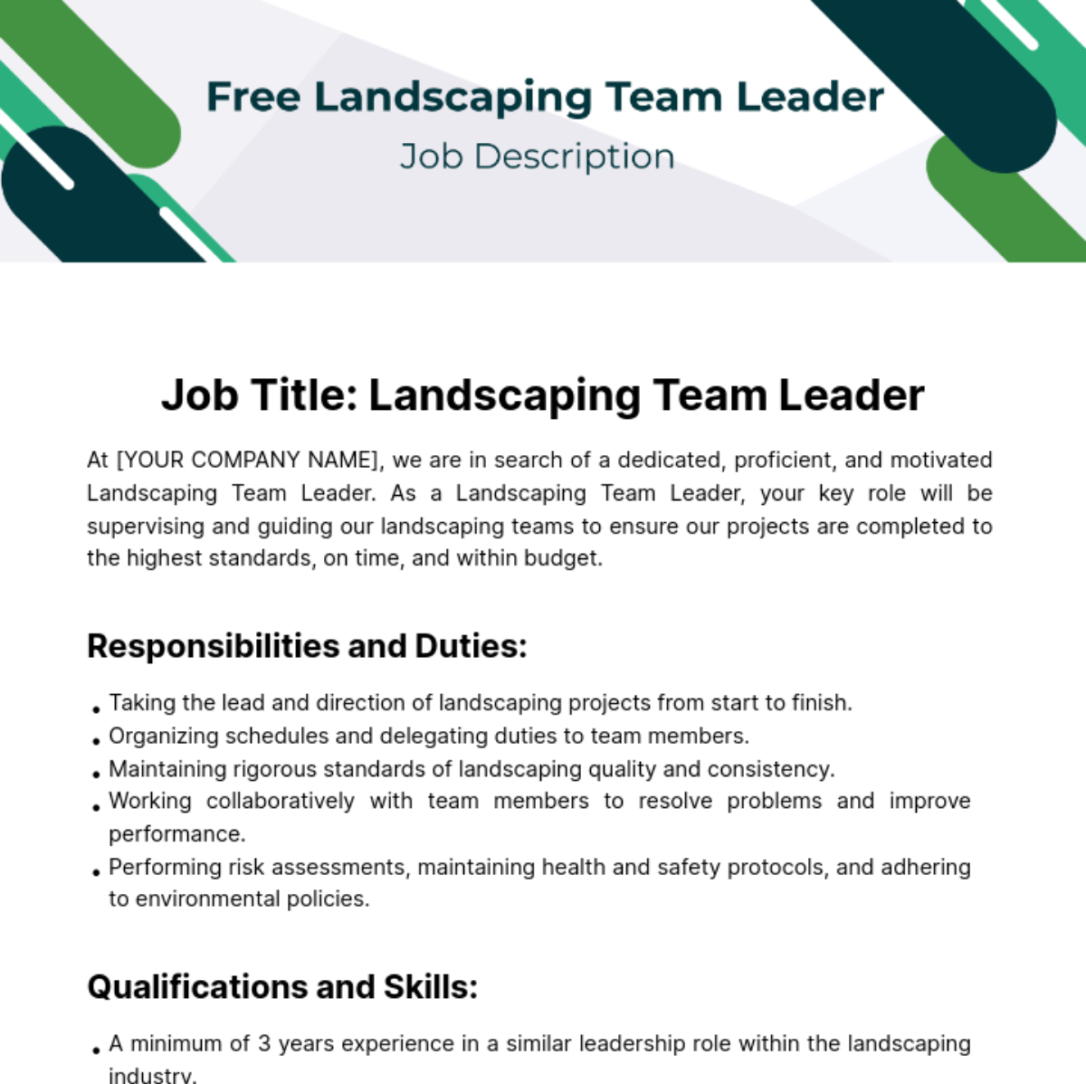 Landscaping Teal Leader Job Description Template