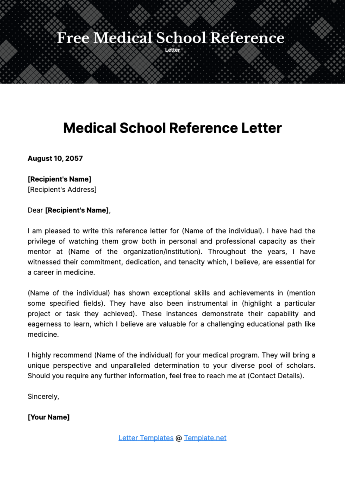 Free Medical School Reference Letter Template