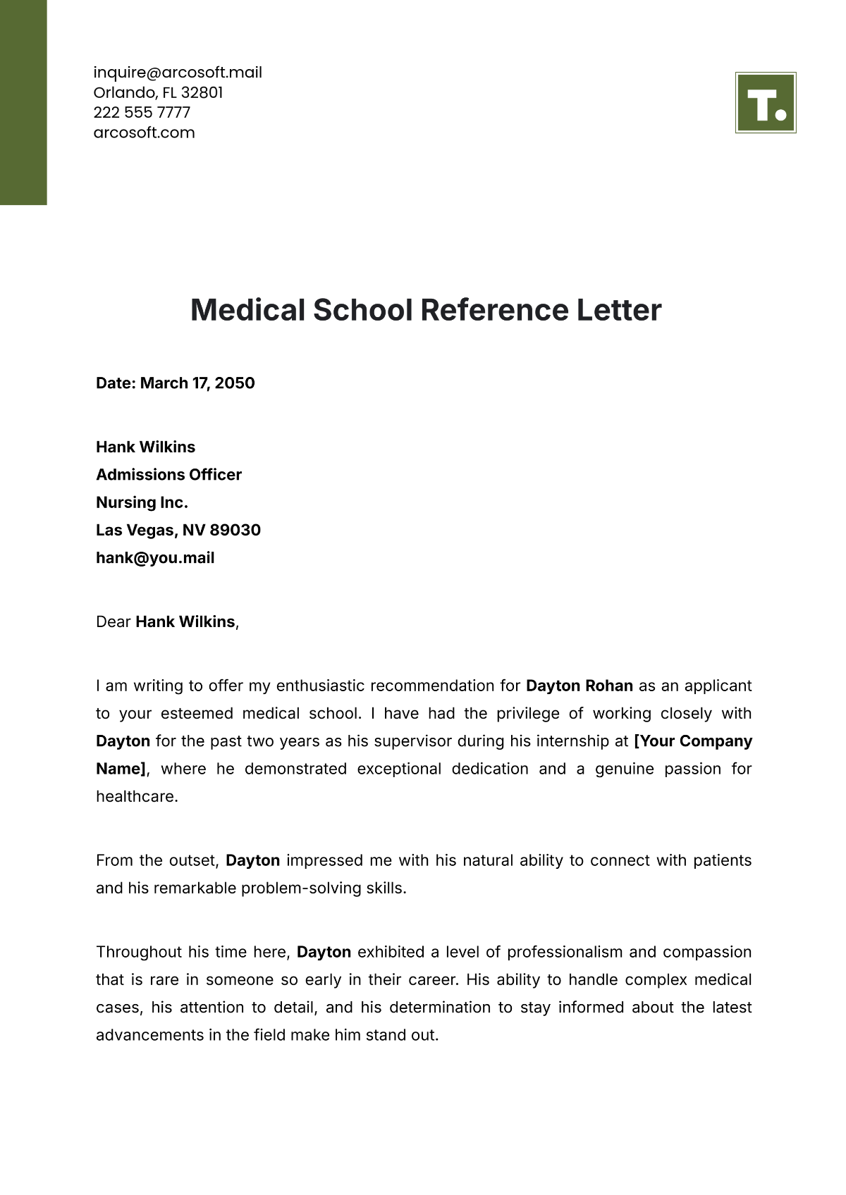 Medical School Reference Letter Template - Edit Online & Download