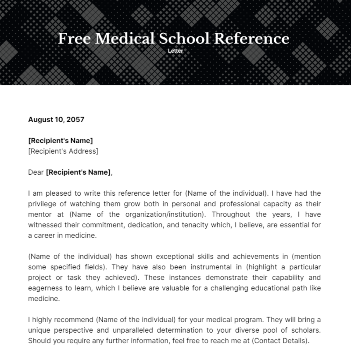 Medical School Reference Letter Template