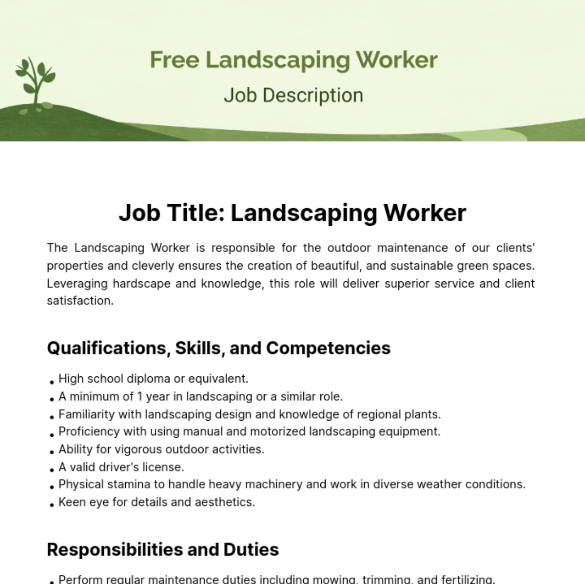 Landscaping Worker Job Description Template
