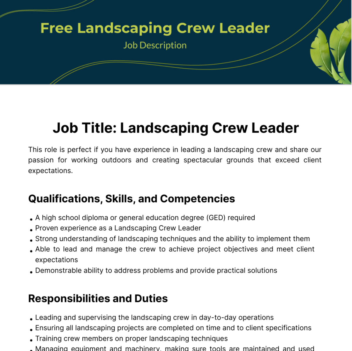 Free Landscaping Crew Leader Job Description Template