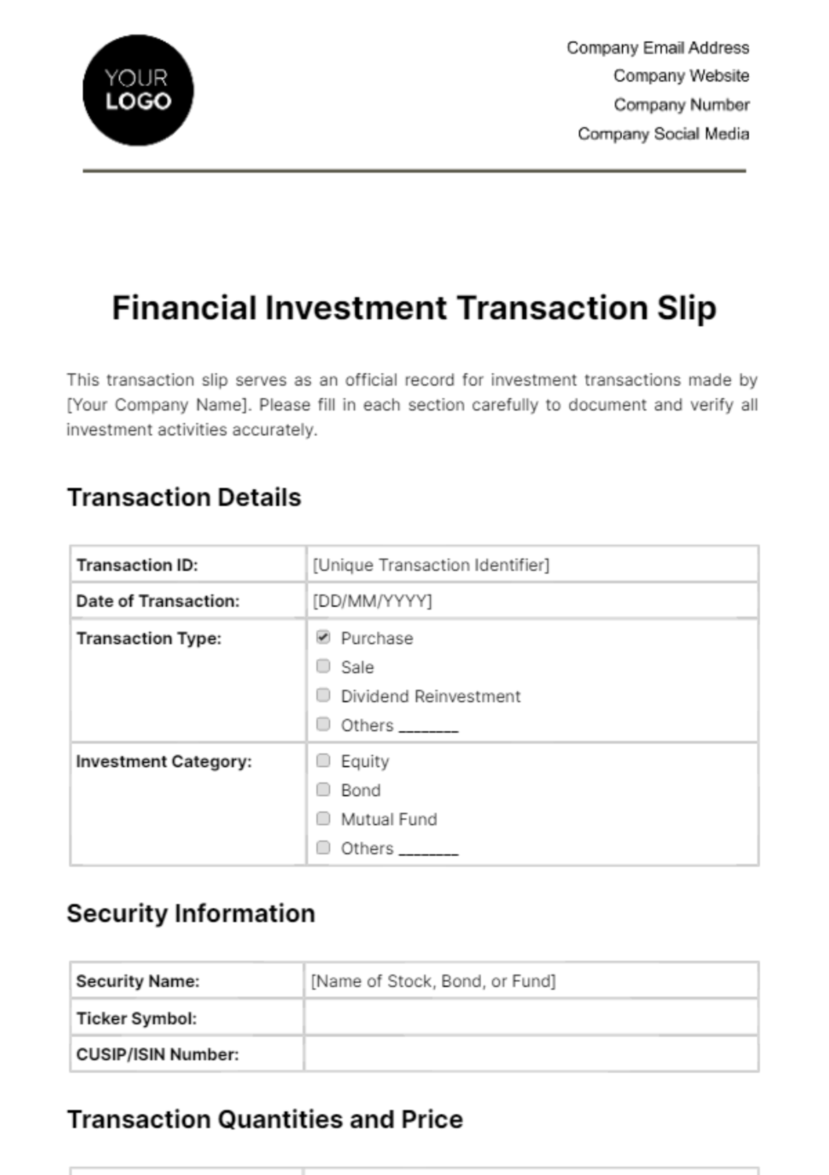 Financial Investment Transaction Slip Template