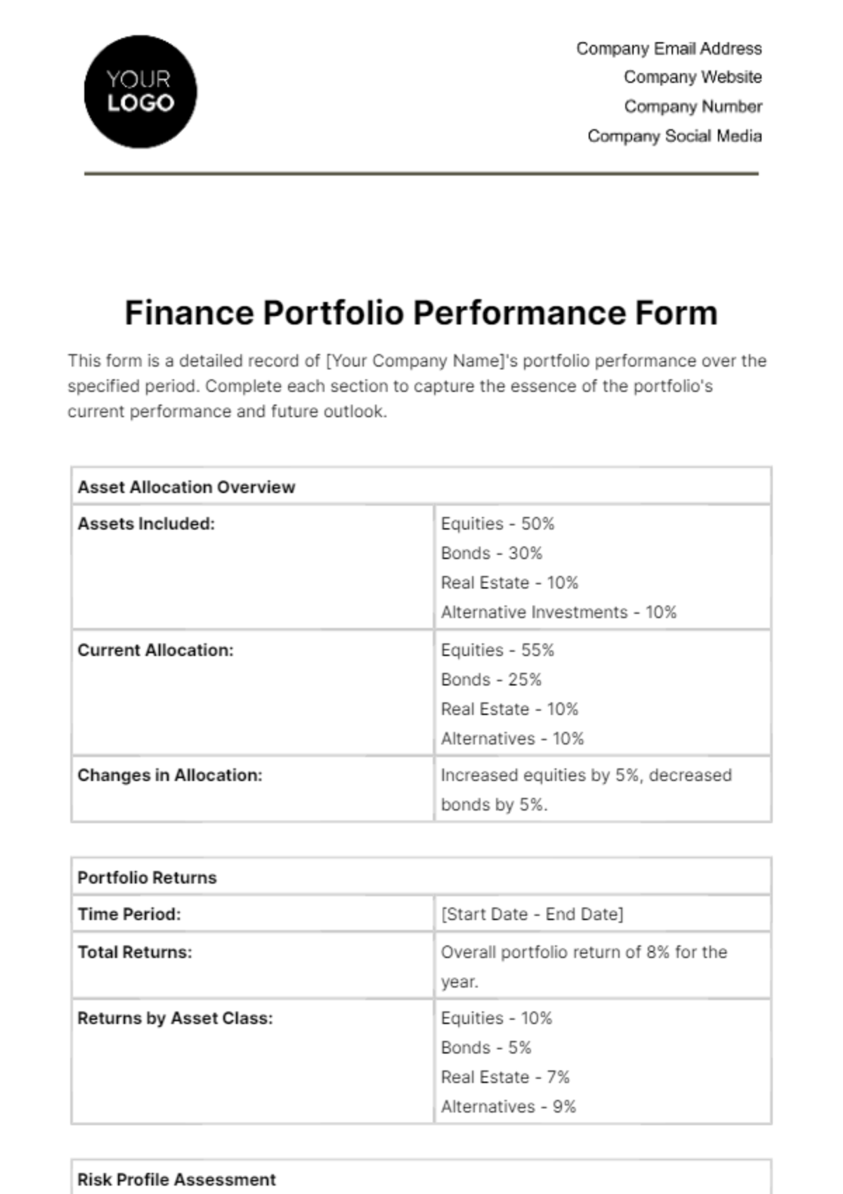 Free Finance Portfolio Performance Form Template