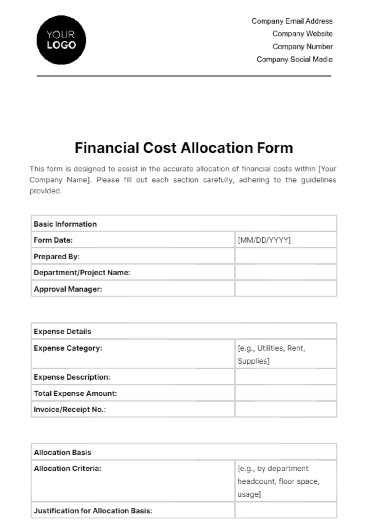 Financial Cost Allocation Form Template
