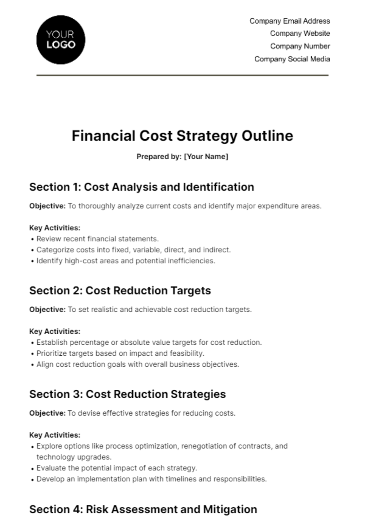 Free Financial Cost Strategy Outline Template
