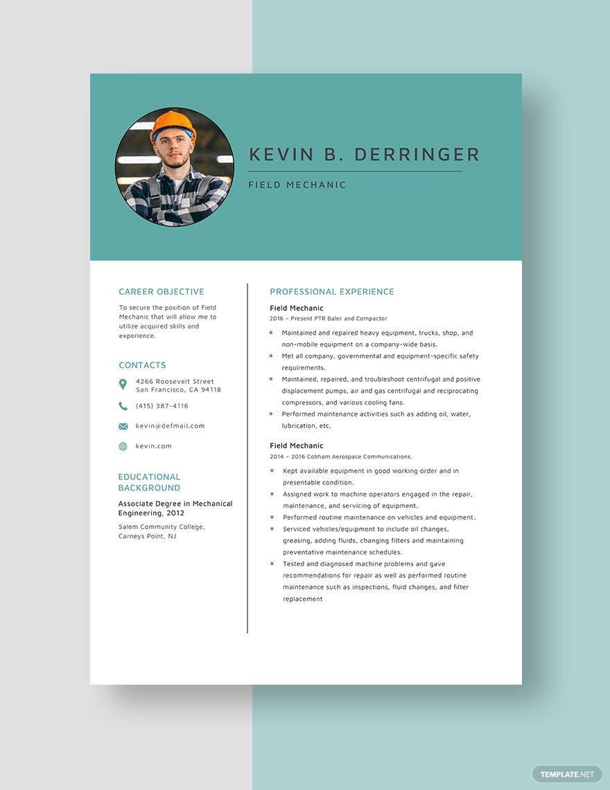 Field Mechanic Resume in Word, Apple Pages