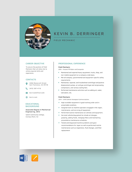 Free Helicopter Mechanic Resume Template - Word, Apple Pages 