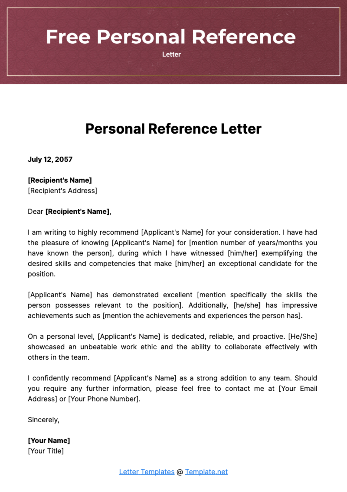 Free Personal Reference Letter Template