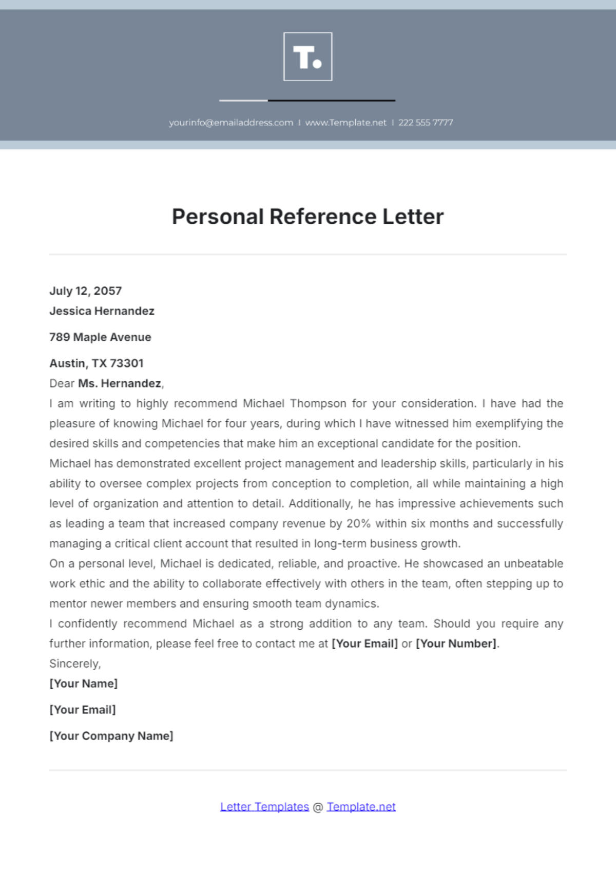 Personal Reference Letter Template - Edit Online & Download