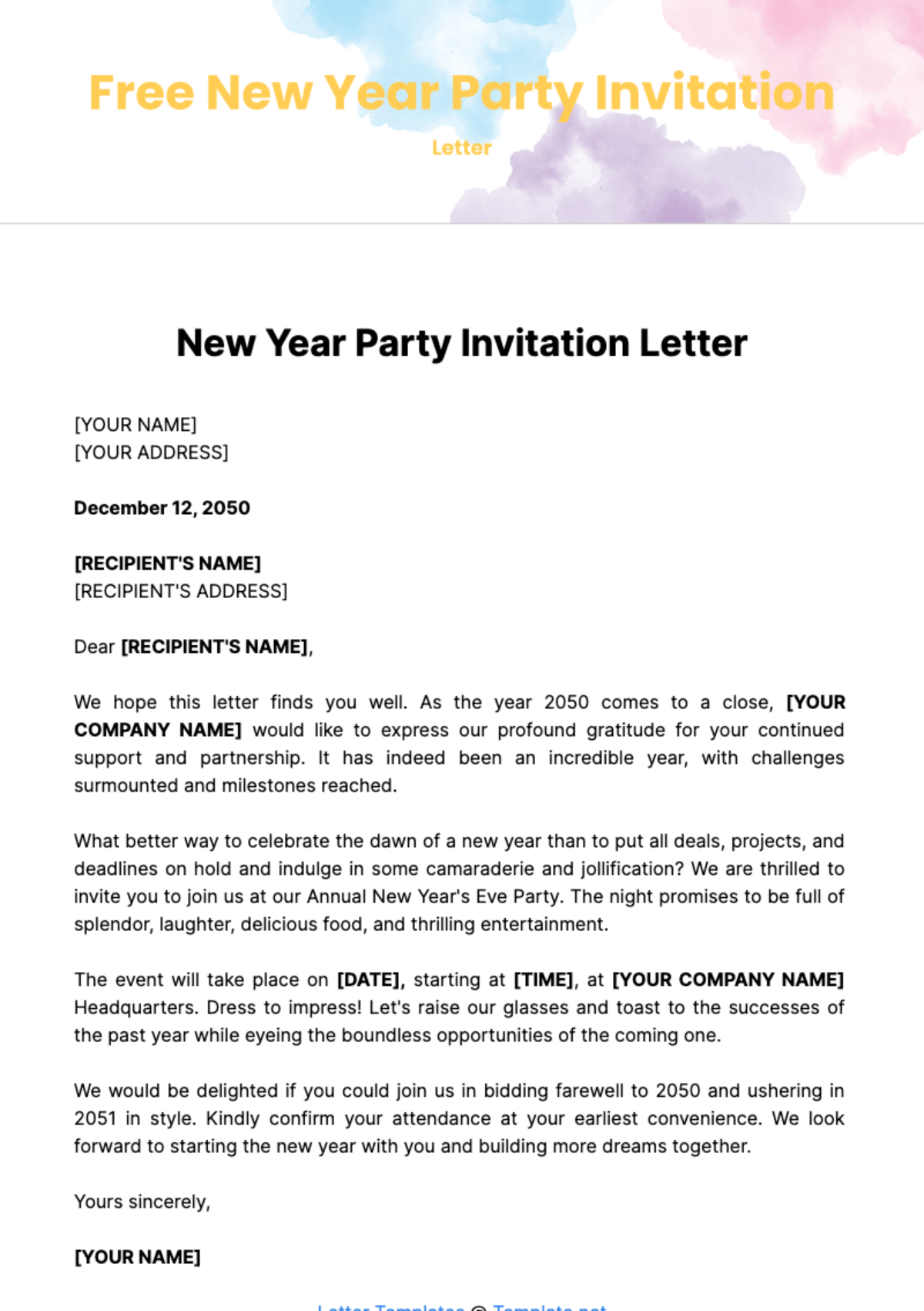 Free New Year Party Invitation Letter Template