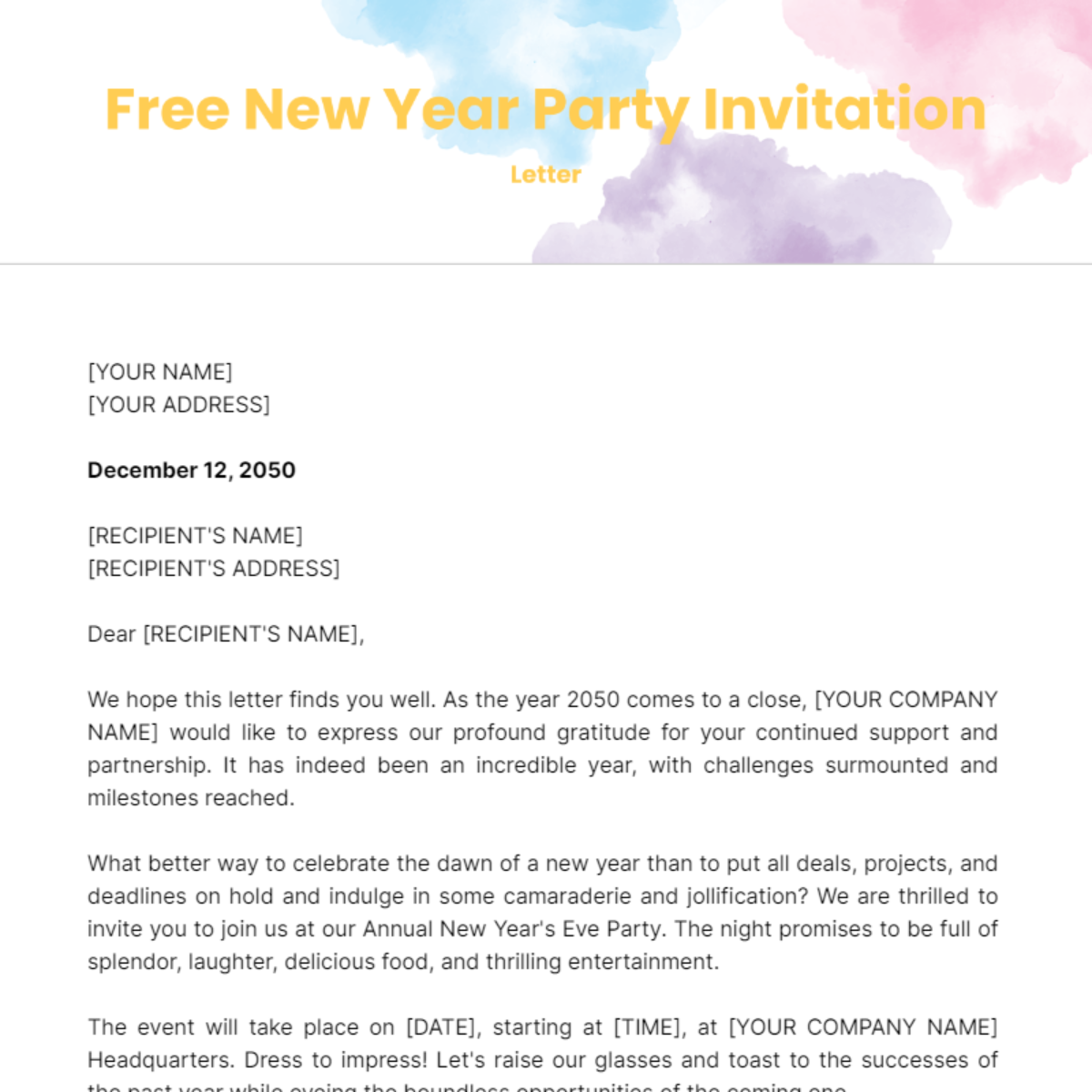 New Year Party Invitation Letter Template