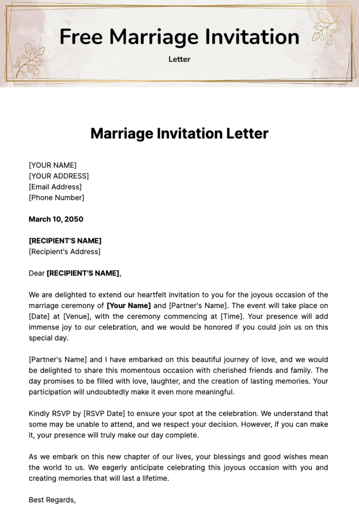 Free Marriage Invitation Letter Template