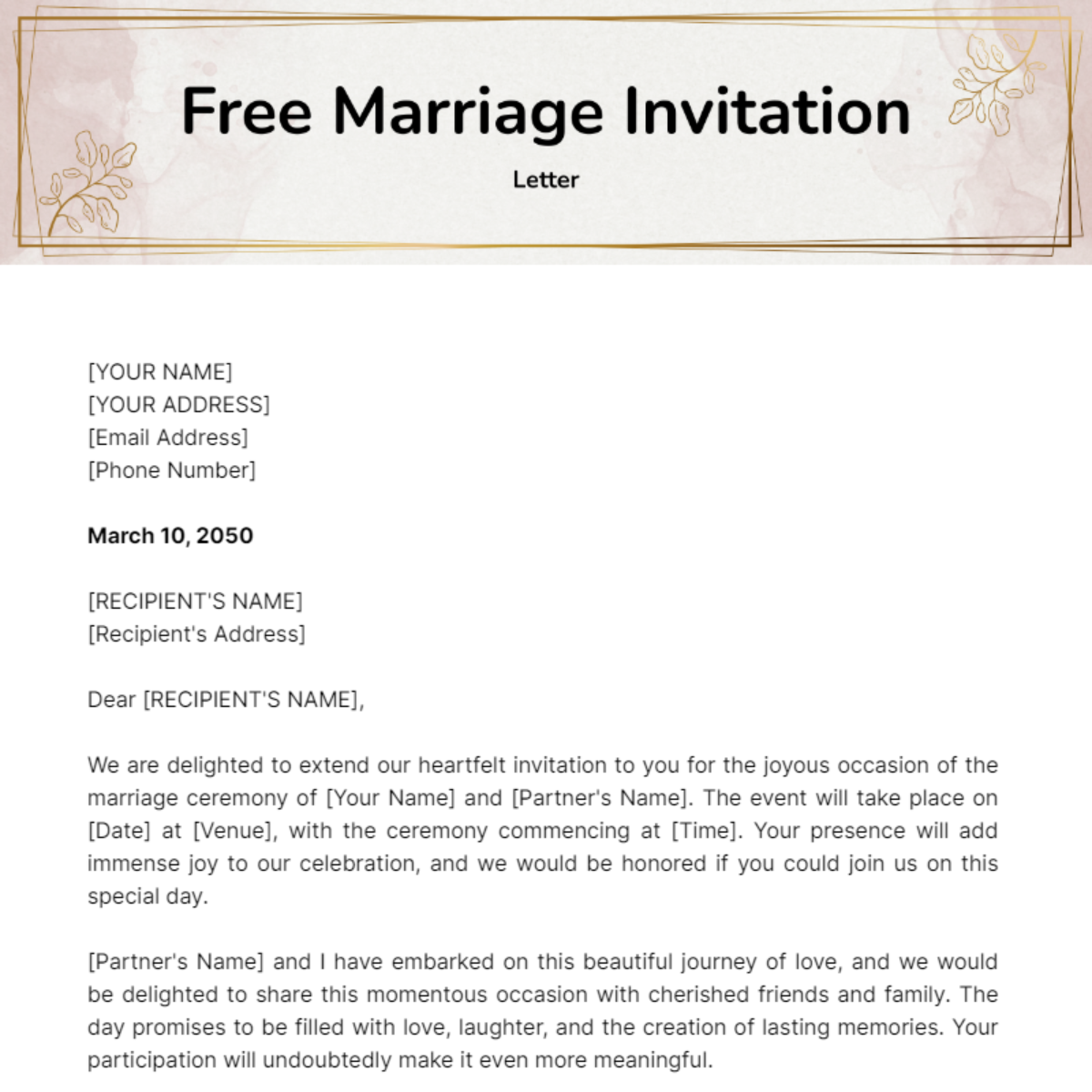 Marriage Invitation Letter Template