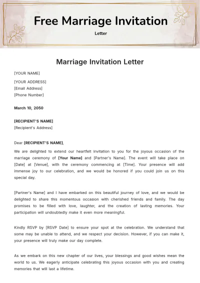 Free Marriage Invitation Letter Template to Edit Online
