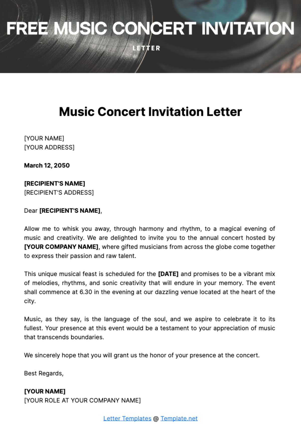 Free Music Concert Invitation Letter Template