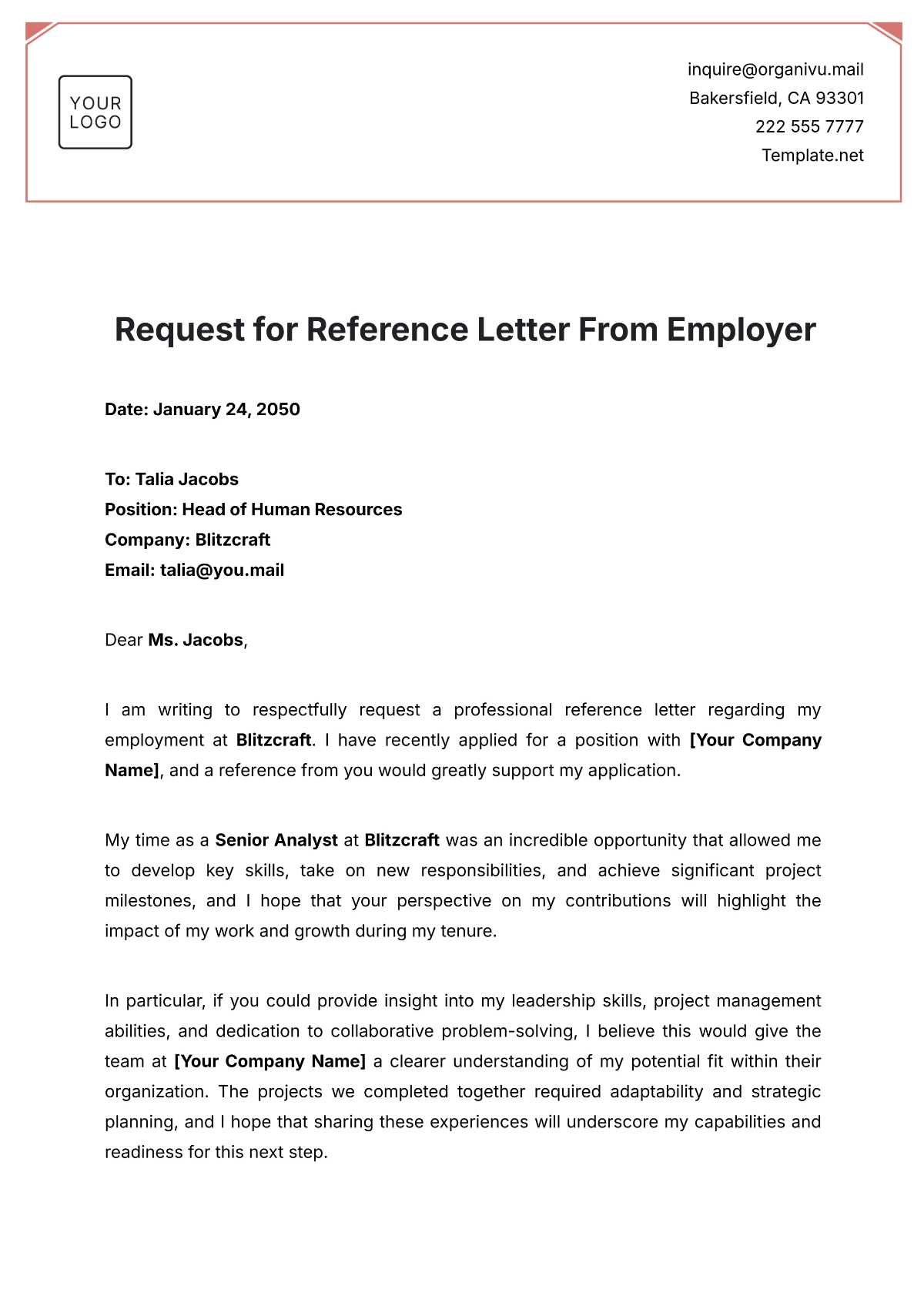 Request for Reference Letter from Employer Template - Edit Online & Download