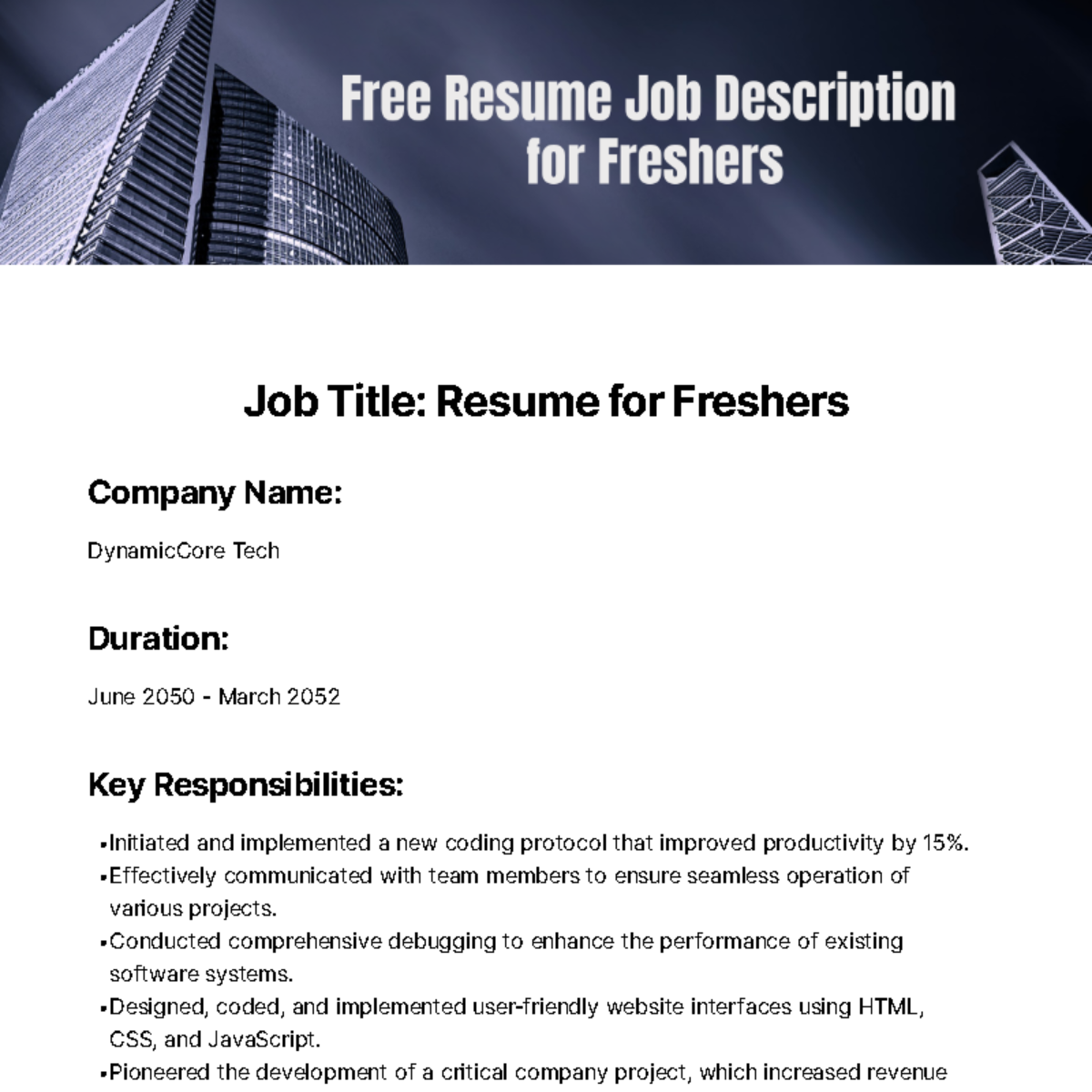 Free Resume Job Description for Freshers Template