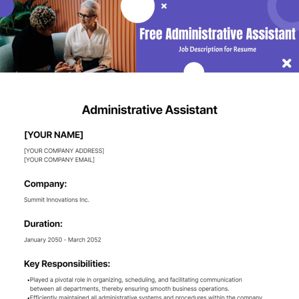 Free Administrative Assistant Job Description for Resume Template