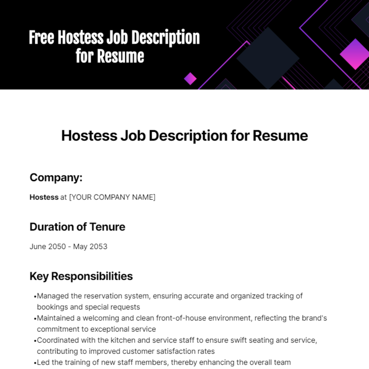 Free Hostess Job Description for Resume Template