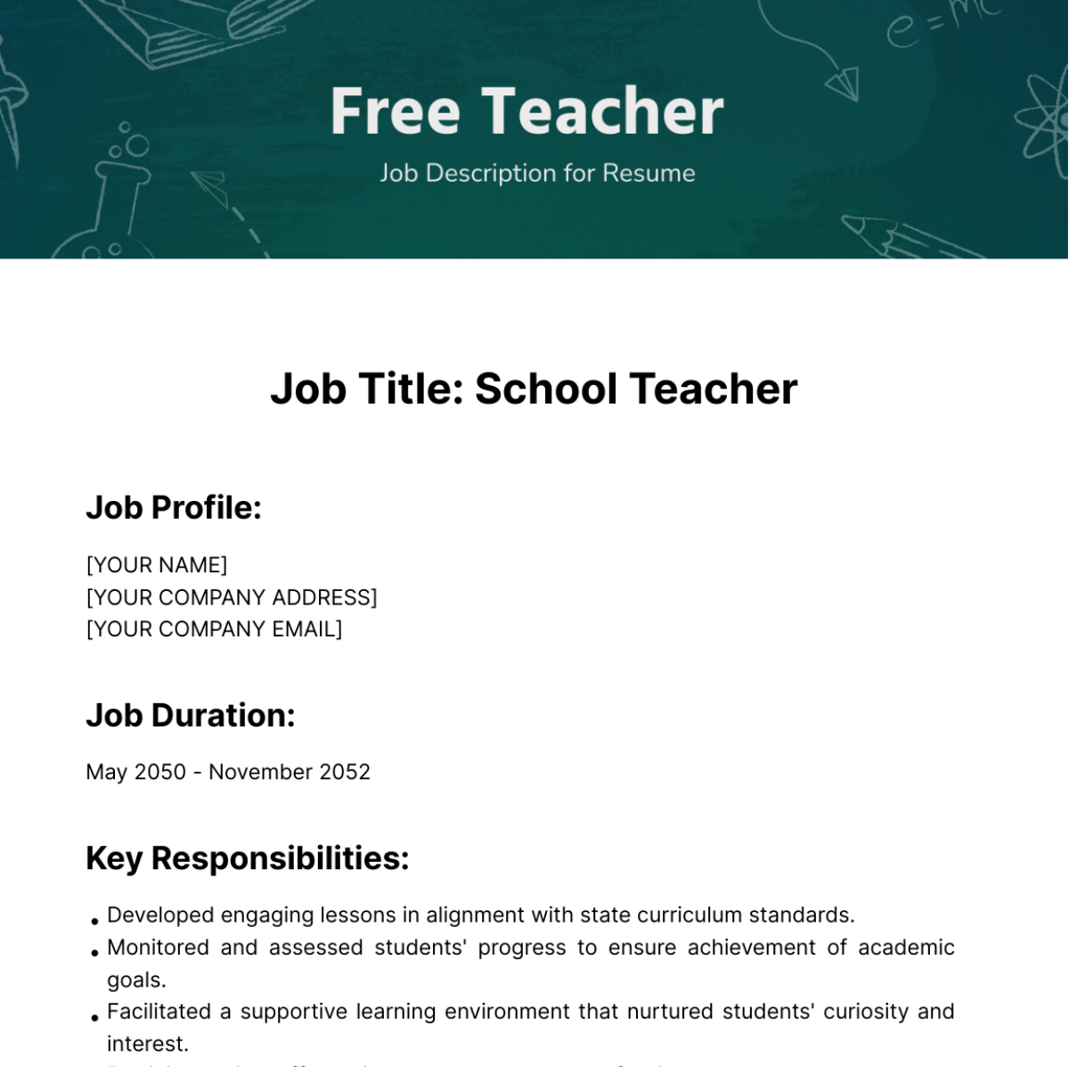 Teacher Job Description for Resume Template
