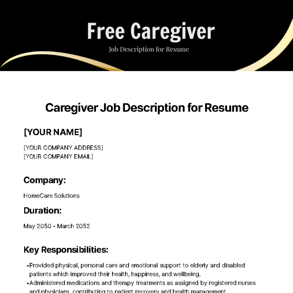 Caregiver Job Description for Resume Template