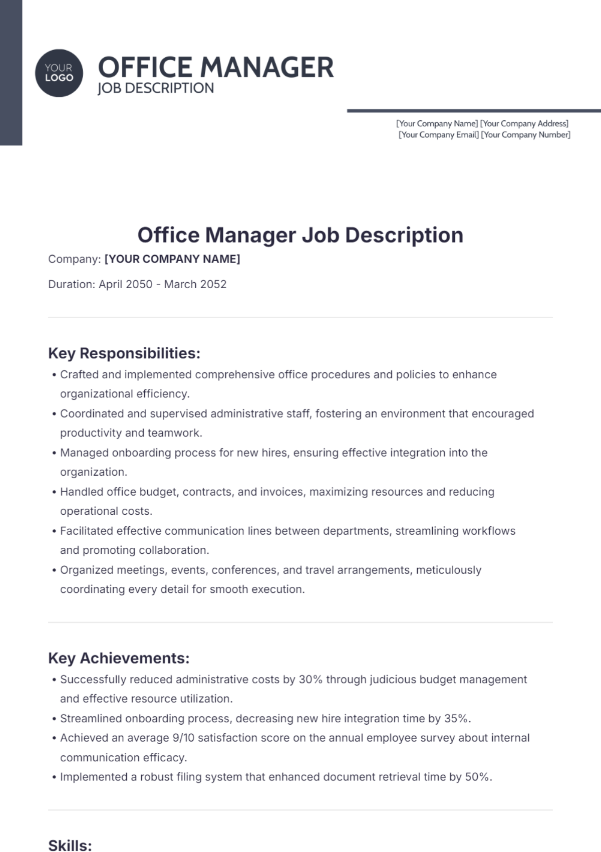 Office Manager Job Description Template - Edit Online & Download