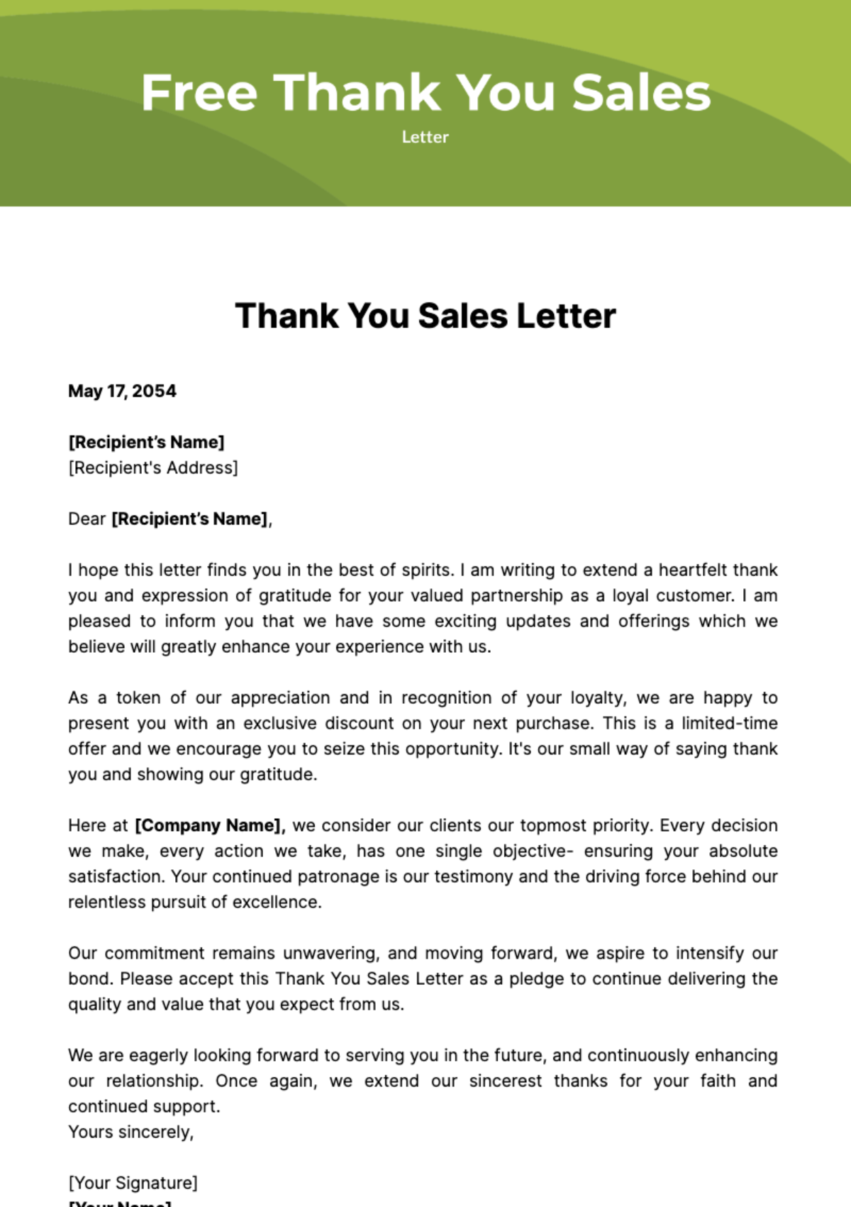 Thank You Sales Letter Template
