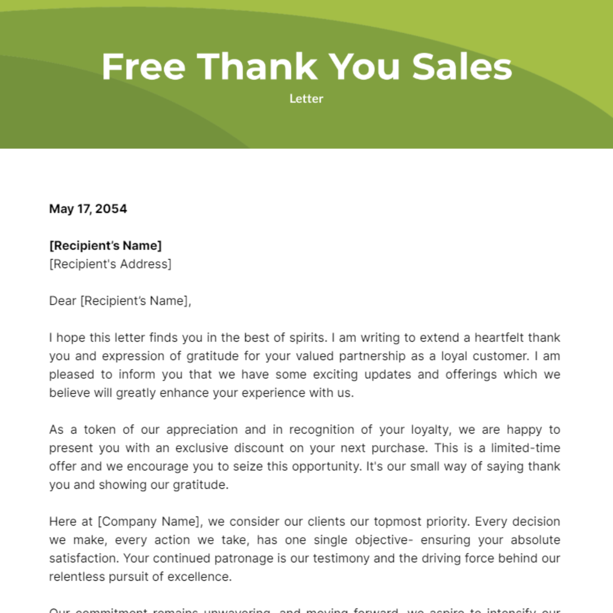 Thank You Sales Letter Template