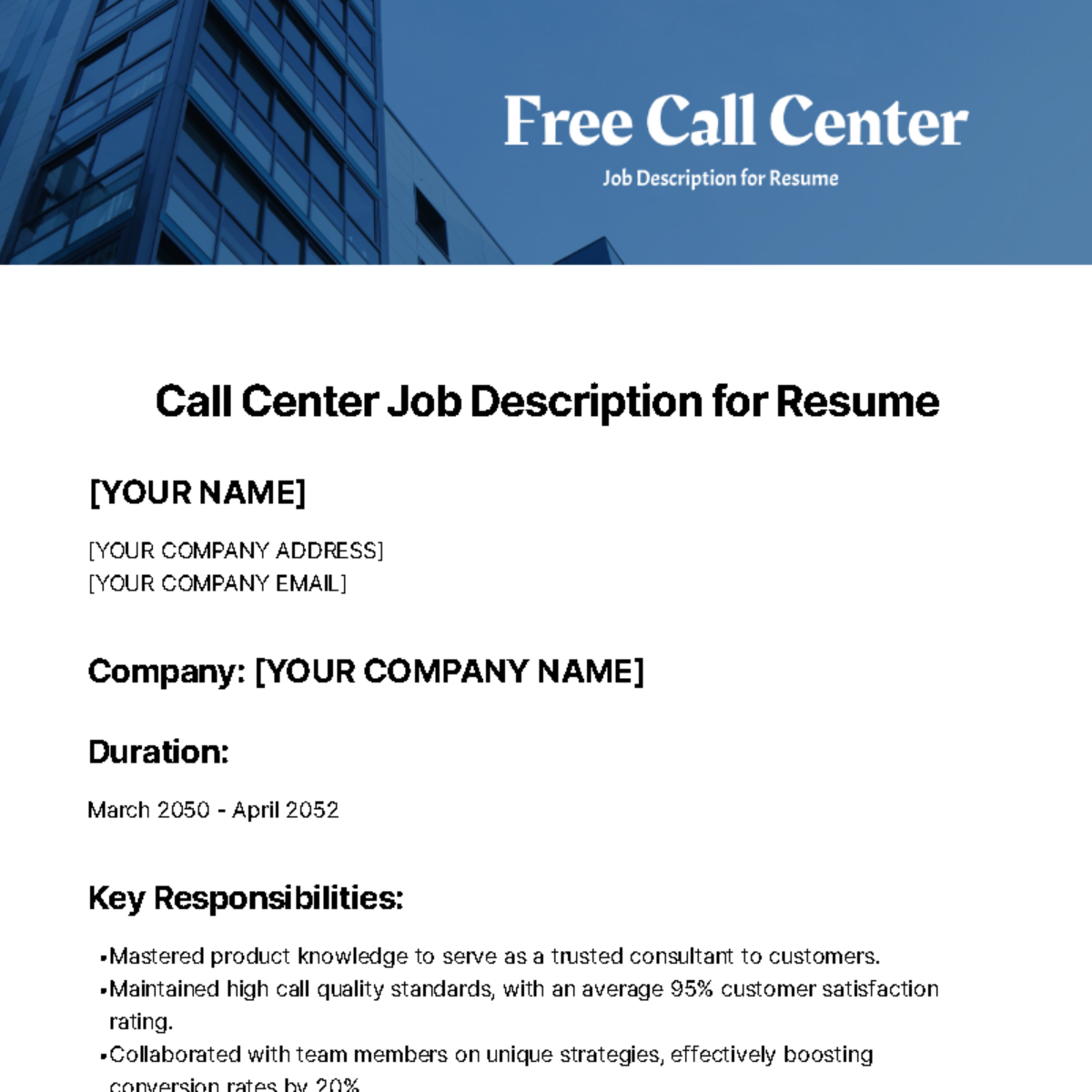 Free Call Center Job Description for Resume Template