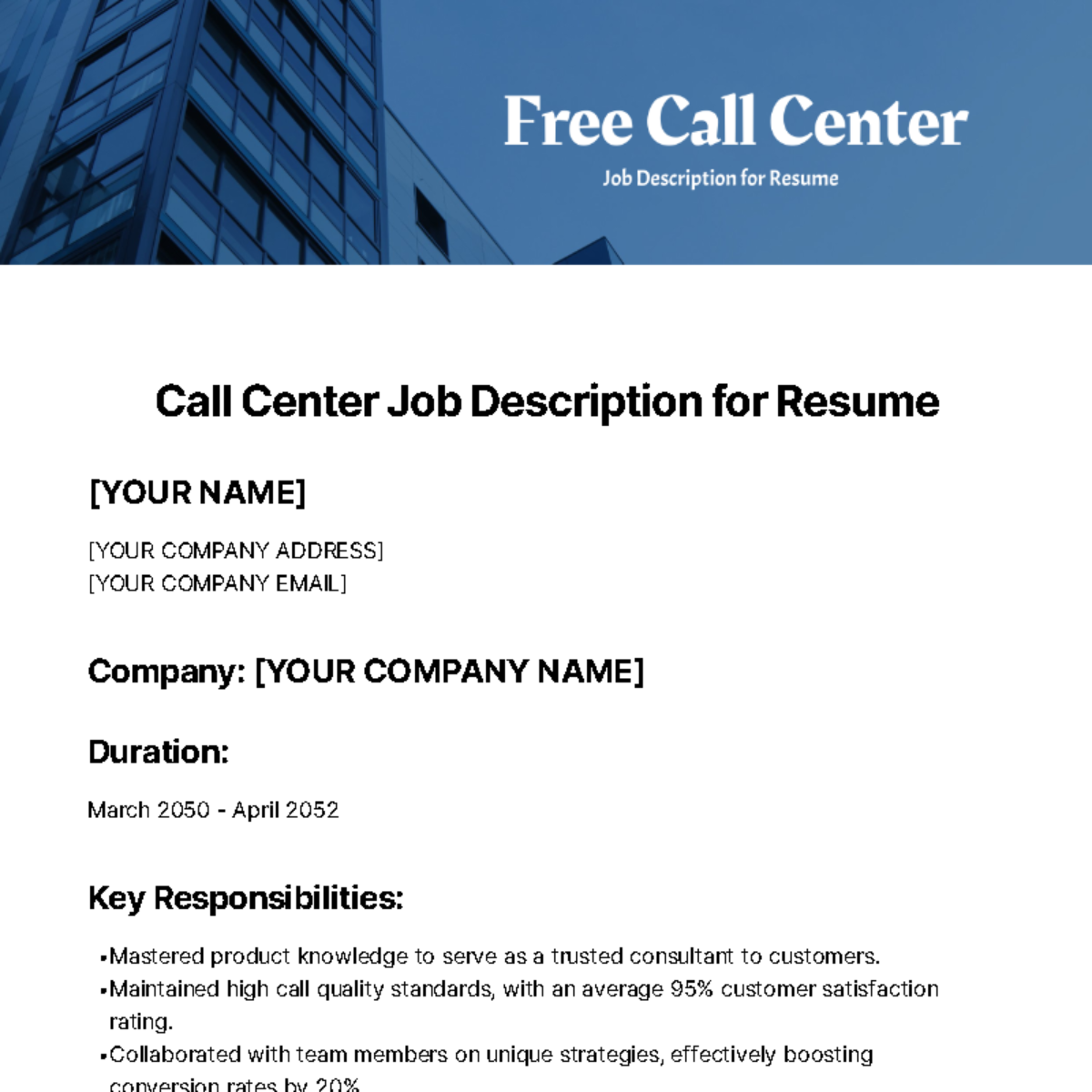 Call Center Job Description for Resume Template - Edit Online & Download