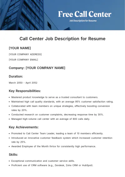 Free Call Center Job Description for Resume Template to Edit Online