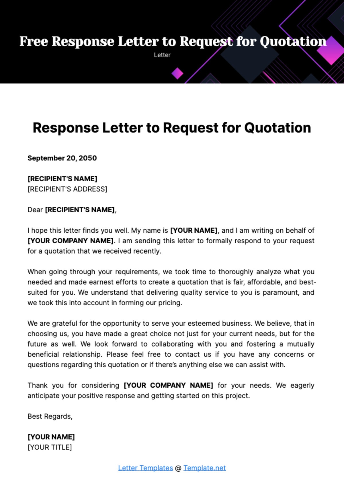 Free Response Letter to Request for Quotation Template