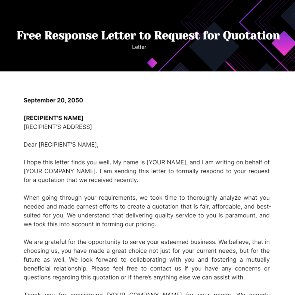 Free Response Letter to Request for Quotation
