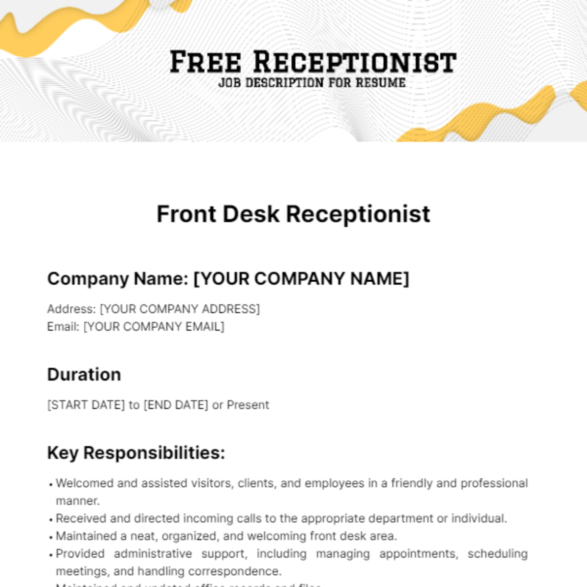 Receptionist Job Description for Resume Template