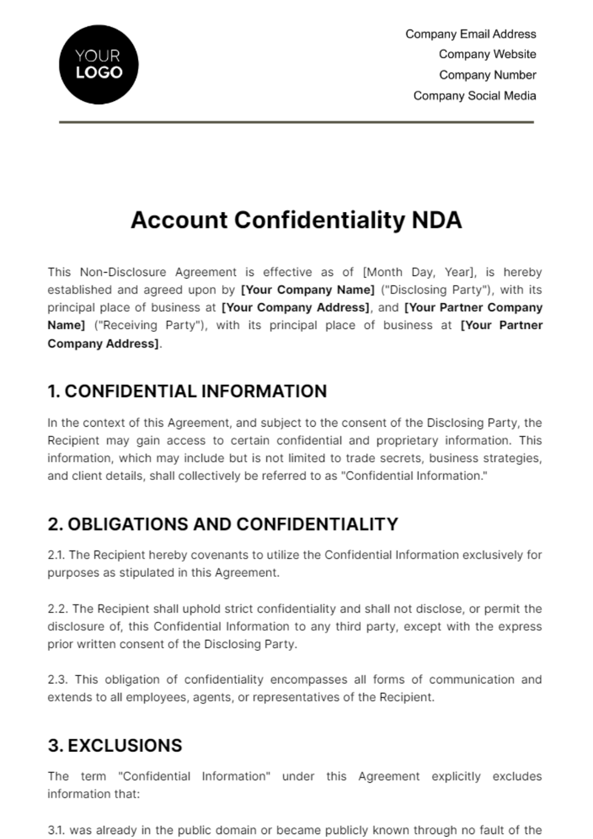 Free Account Confidentiality NDA Template