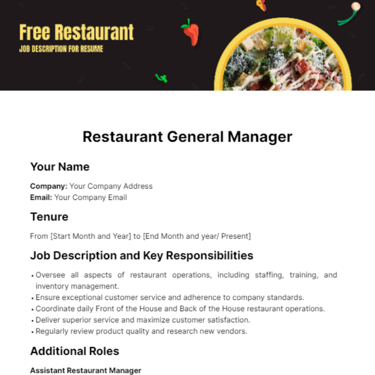 Free Restaurant Manager Job Description for Resume Template