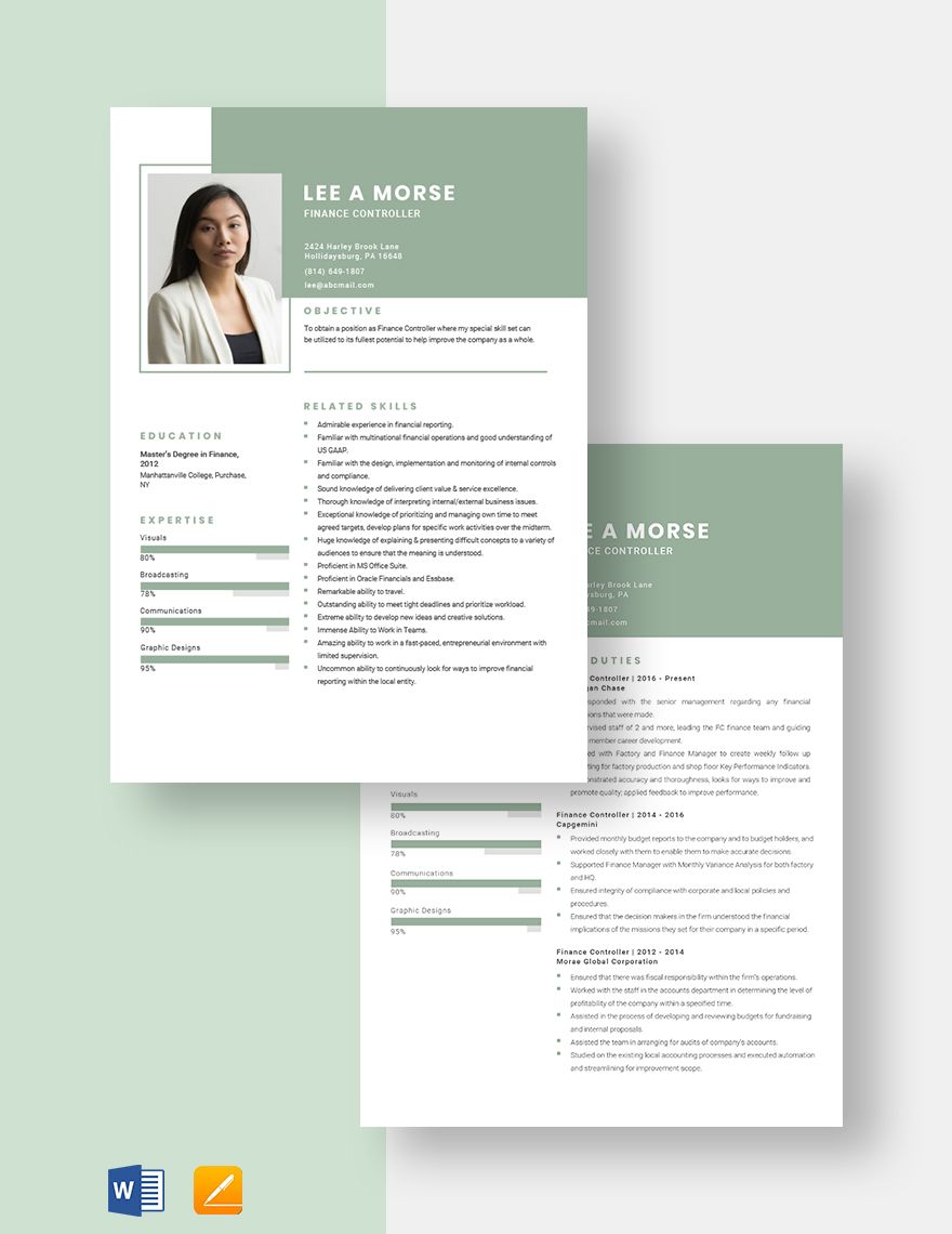 Free Finance Controller Resume Word Apple Pages Template Net   Finance Controller Resume Template 1 2280 