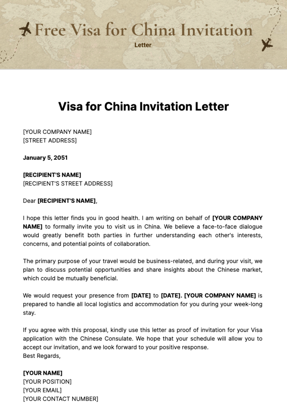 Free Visa for China Invitation Letter Template