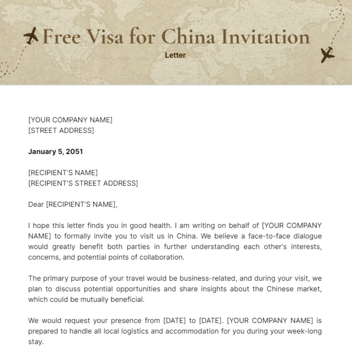Visa for China Invitation Letter Template