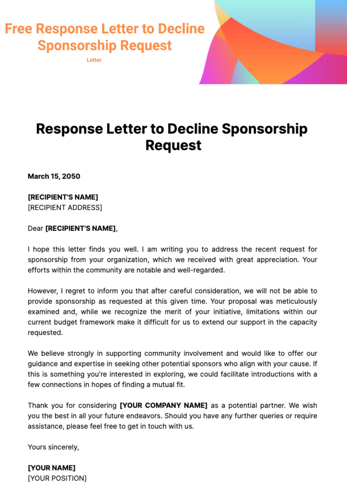 Free Response Letter to Decline Sponsorship Request Template