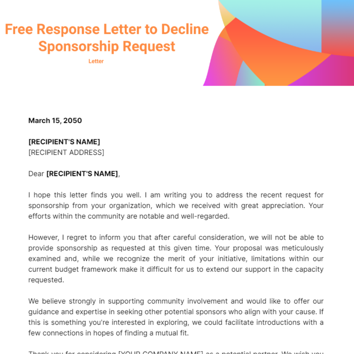 Free Response Letter to Decline Sponsorship Request