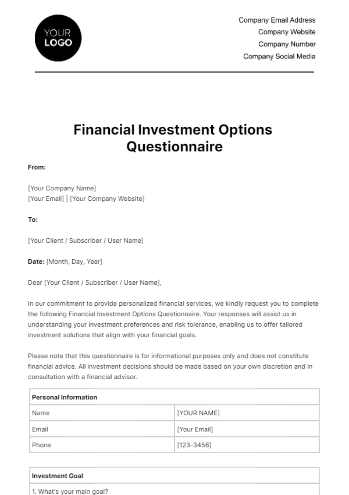 Financial Investment Options Questionnaire Template