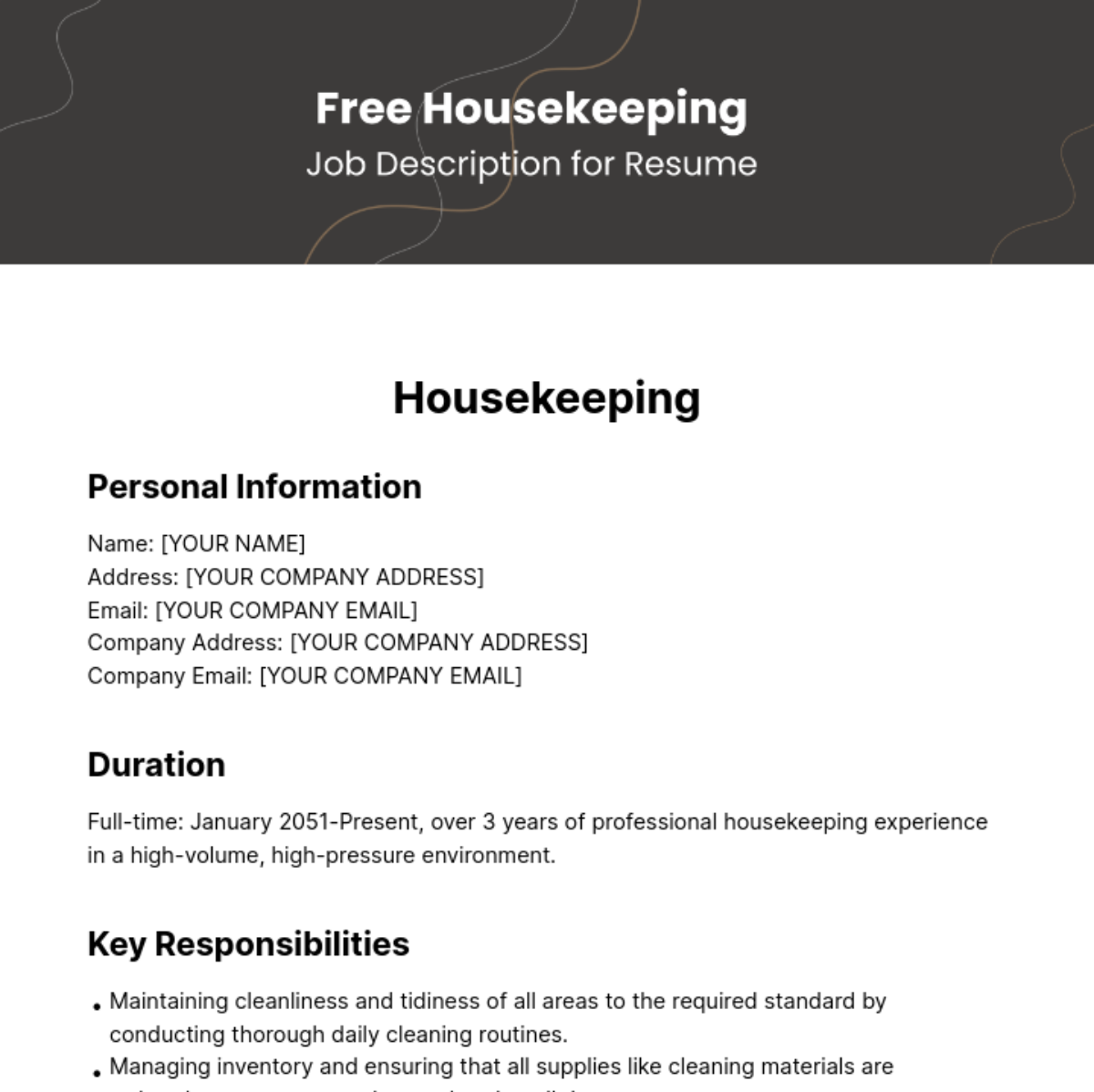 Free Housekeeping Job Description for Resume Template