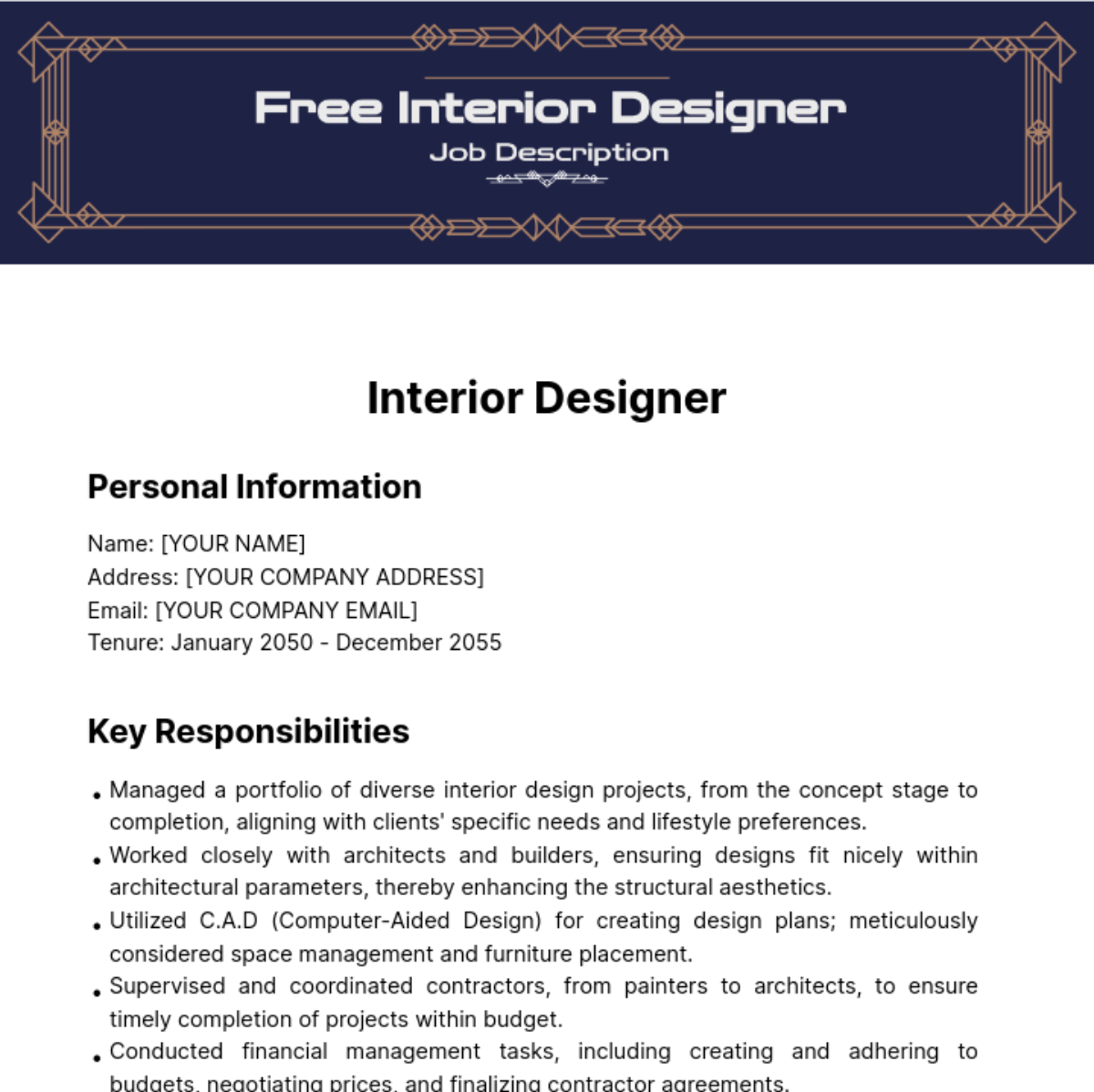 Free Interior Designer Job Description for Resume Template