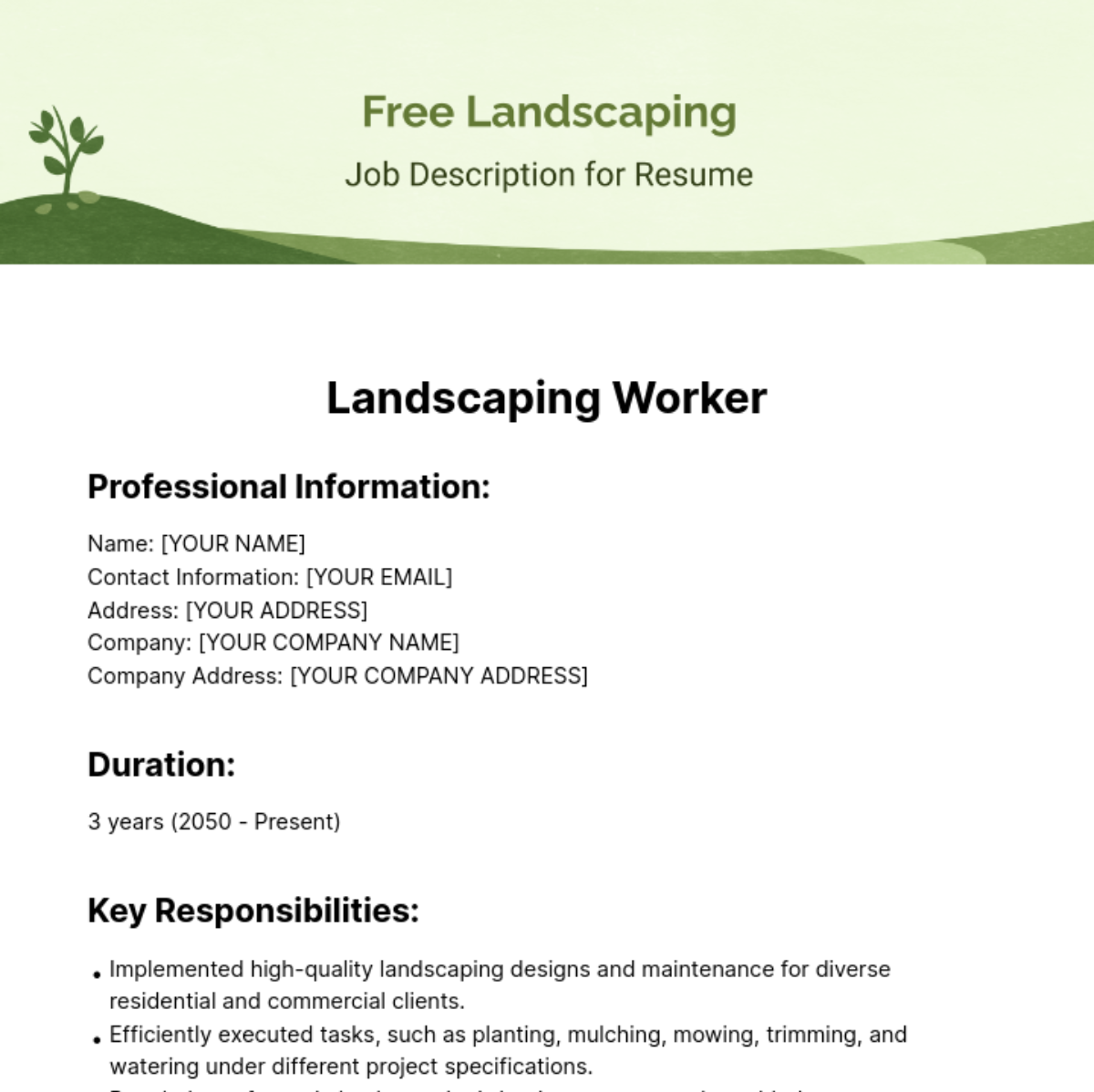 Free Landscaping Job Description for Resume Template