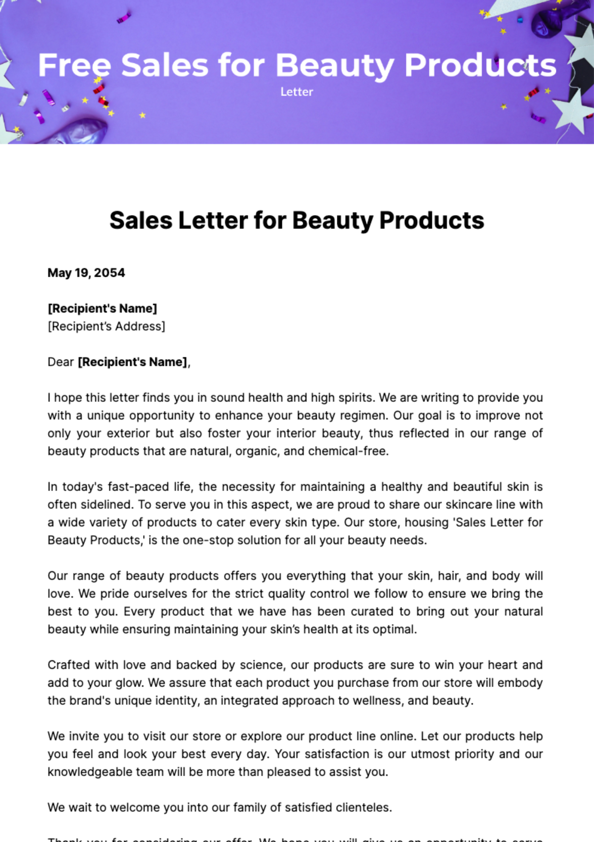 Sales Letter for Beauty Products Template